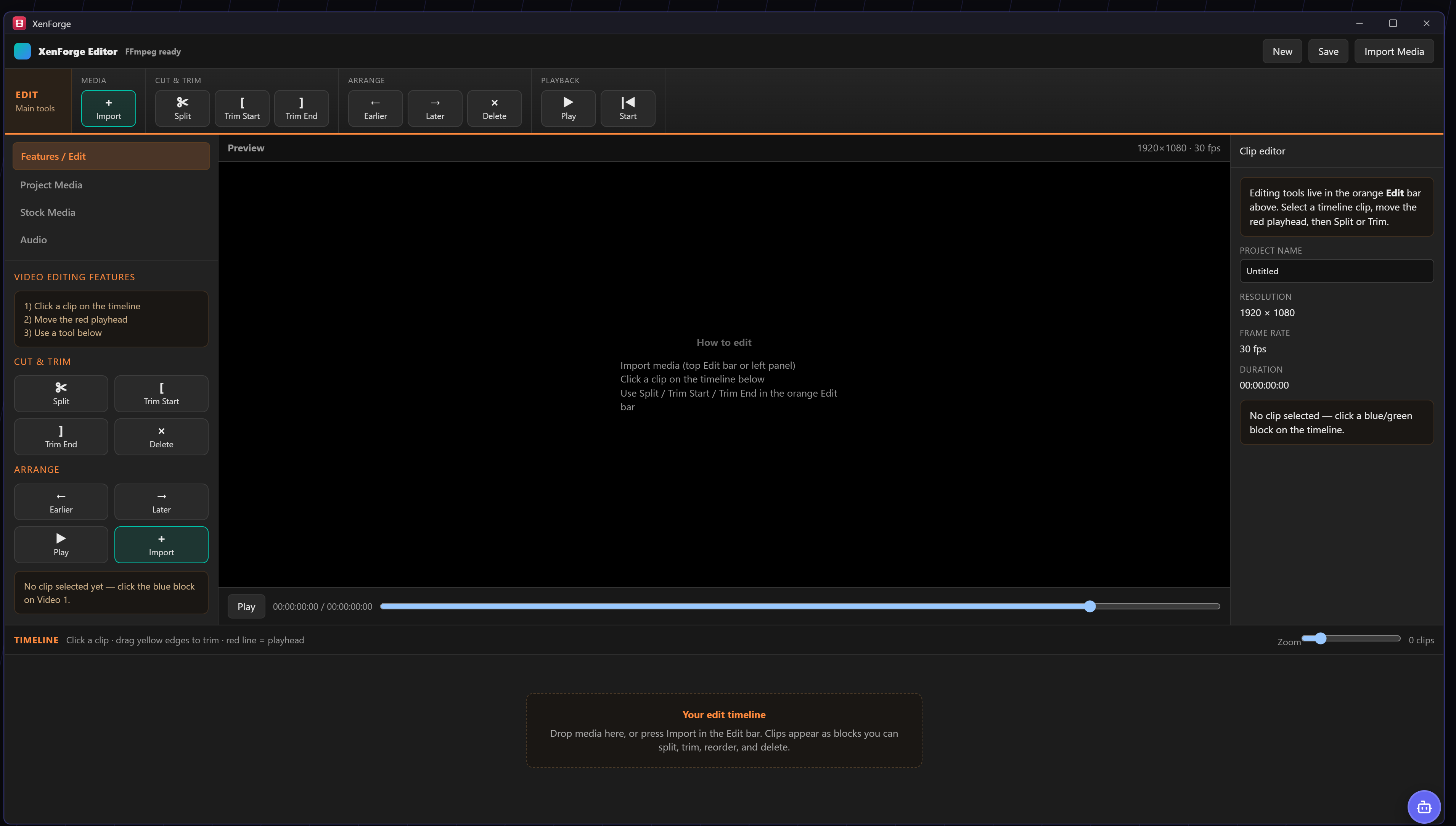 XenForge video editor inside Xenegade OS showing timeline, preview panel, and editing tools